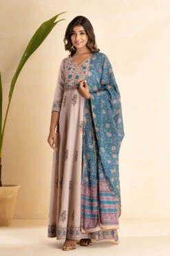 Peach Hand Block Printed Long Dress With Printed Floral Dupatta -ZAZU Clothing Shop smc347pch3