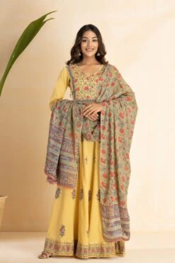 Yellow Hand Block Printed Long Dress With Printed Floral Dupatta