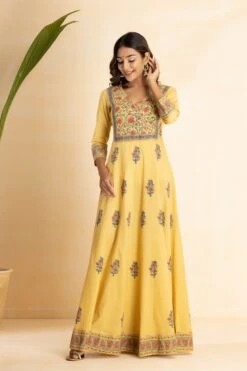 Yellow Hand Block Printed Long Dress With Printed Floral Dupatta -ZAZU Clothing Shop smc347ylw3