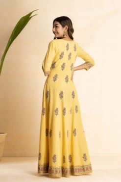 Yellow Hand Block Printed Long Dress With Printed Floral Dupatta -ZAZU Clothing Shop smc347ylw4