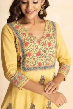 Yellow Hand Block Printed Long Dress With Printed Floral Dupatta -ZAZU Clothing Shop smc347ylwb