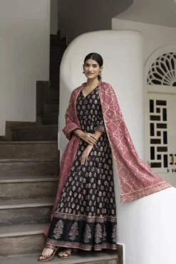 Kusha Anarkali Dress Dupatta Set -ZAZU Clothing Shop smc348blk3