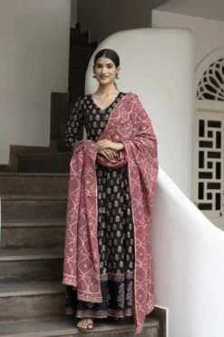 Kusha Anarkali Dress Dupatta Set -ZAZU Clothing Shop smc348blk5