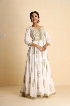 Yellow Handblock Printed Maxi Dress With Block Printed Dupatta -ZAZU Clothing Shop smc402ylw6