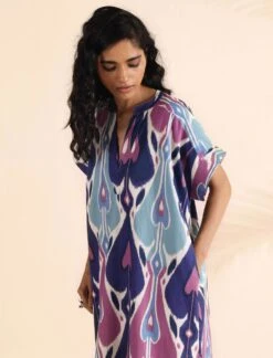 Blue Cotton Ikat Oversized Dress -ZAZU Clothing Shop tb33193