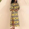 Yellow Cotton Ikat Slit Dress -ZAZU Clothing Shop tb33251