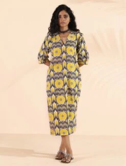 Yellow Cotton Ikat Slit Dress -ZAZU Clothing Shop tb33252