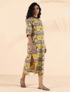 Yellow Cotton Ikat Slit Dress -ZAZU Clothing Shop tb33253