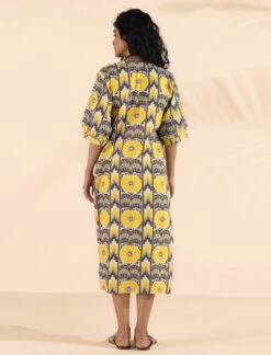 Yellow Cotton Ikat Slit Dress -ZAZU Clothing Shop tb33255