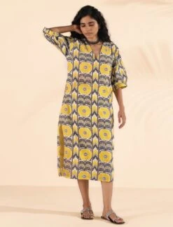 Yellow Cotton Ikat Slit Dress -ZAZU Clothing Shop tb33256