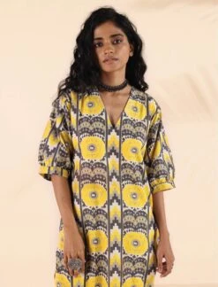 Yellow Cotton Ikat Slit Dress -ZAZU Clothing Shop tb3325b