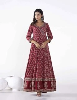 Floral Buti Printed Long Anarkali Dress With Pants And Printed Doriya Dupatta -ZAZU Clothing Shop tct2393mrn2