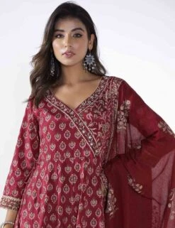 Floral Buti Printed Long Anarkali Dress With Pants And Printed Doriya Dupatta -ZAZU Clothing Shop tct2393mrnb