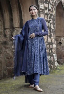 Set Of 3:Kashni Indigo Pishwas Style Kurta Dress, Churidar & Organza Dupatta