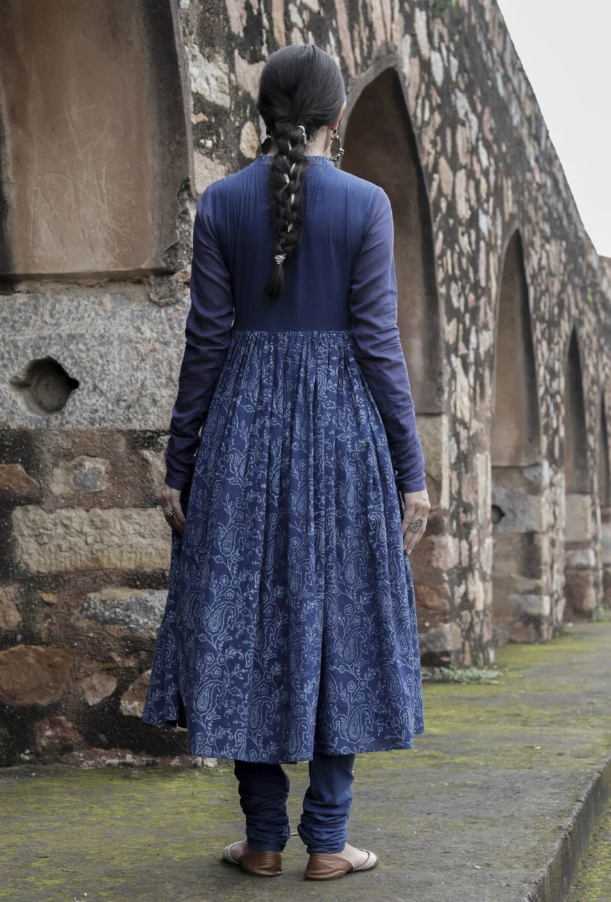 Set Of 2:Jyoti Indigo Pishwas Style Kurta Dress & Churidar 5 Set Of 2:Jyoti Indigo Pishwas Style Kurta Dress & Churidar - Image 3