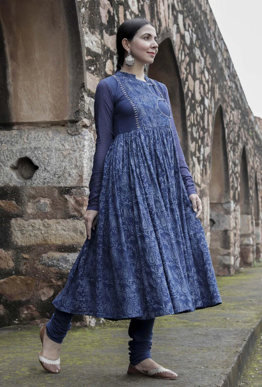 Set Of 2:Jyoti Indigo Pishwas Style Kurta Dress & Churidar 7 Set Of 2:Jyoti Indigo Pishwas Style Kurta Dress & Churidar - Image 5