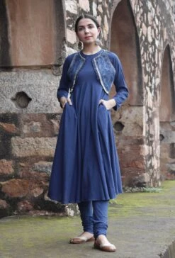 Set Of 3:Jaimol Indigo Cotton Farzi Short Jacket, Flared Kurta Dress & Churidar
