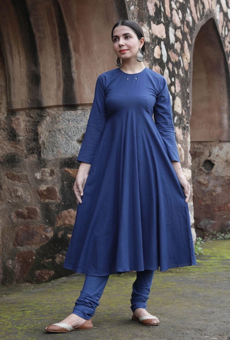 Set Of 3:Jaimol Indigo Cotton Farzi Short Jacket, Flared Kurta Dress & Churidar 5 Set Of 3:Jaimol Indigo Cotton Farzi Short Jacket, Flared Kurta Dress & Churidar - Image 3