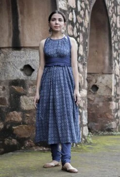 Set Of 3:Fatima Indigo Halter Neck Flared Kurta Dress, Bustier Top & Churidar