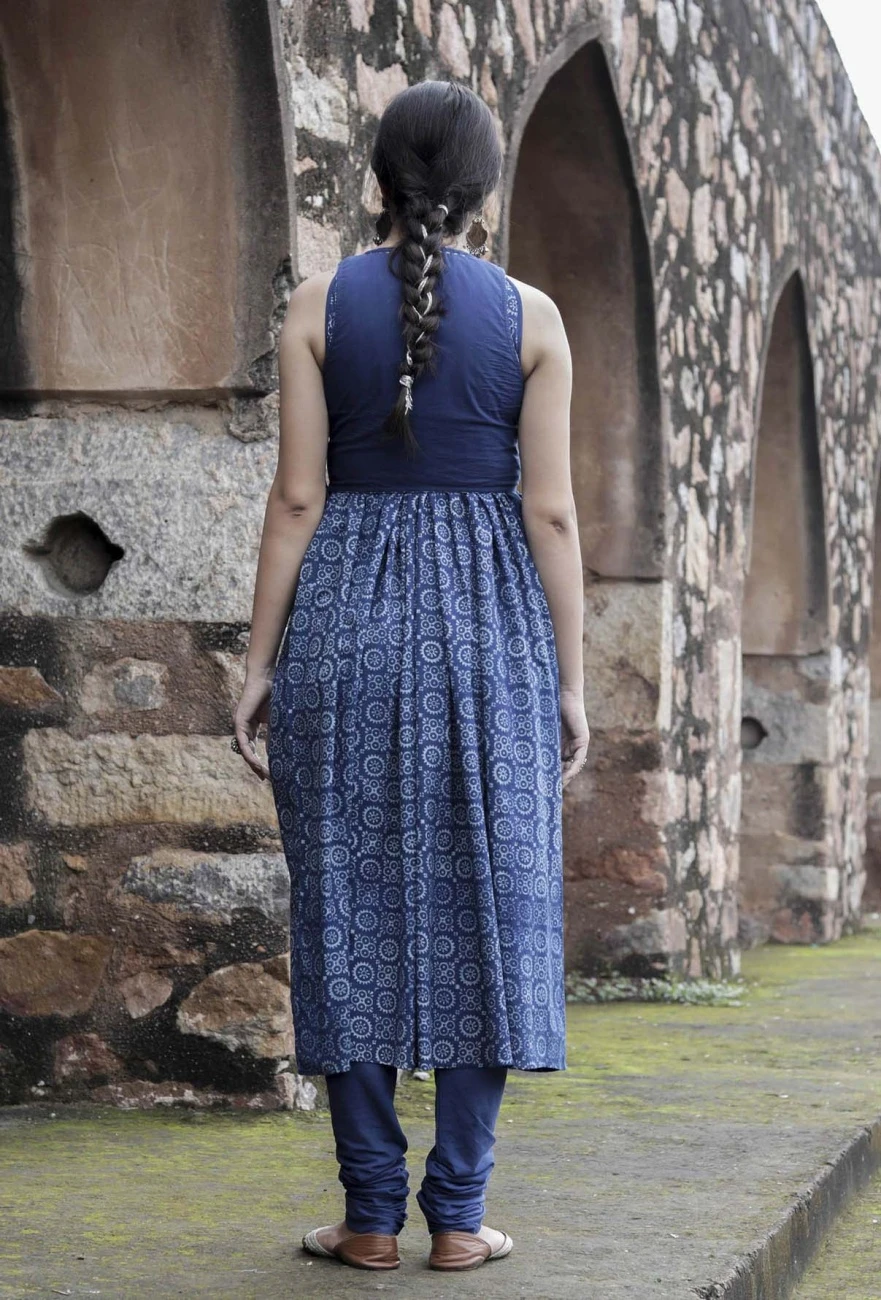 Set Of 3:Fatima Indigo Halter Neck Flared Kurta Dress, Bustier Top & Churidar 4 Set Of 3:Fatima Indigo Halter Neck Flared Kurta Dress, Bustier Top & Churidar - Image 2