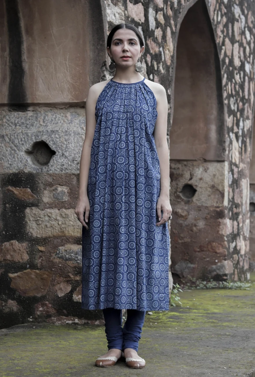 Set Of 3:Fatima Indigo Halter Neck Flared Kurta Dress, Bustier Top & Churidar 5 Set Of 3:Fatima Indigo Halter Neck Flared Kurta Dress, Bustier Top & Churidar - Image 3