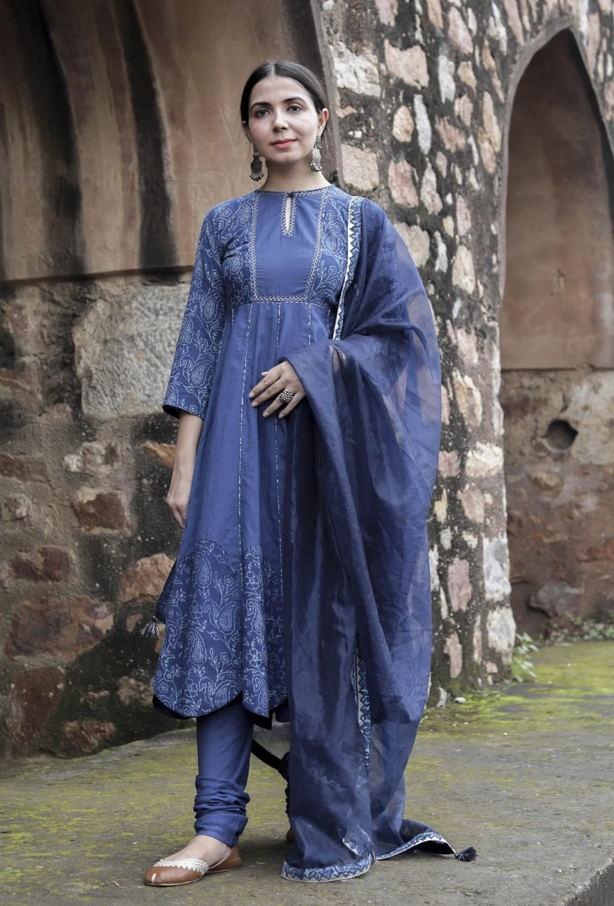 Set Of 3:Dalaja Indigo Cotton Kalidar Kurta Dress, Churidar & Organza Dupatta 3 Set Of 3:Dalaja Indigo Cotton Kalidar Kurta Dress, Churidar & Organza Dupatta