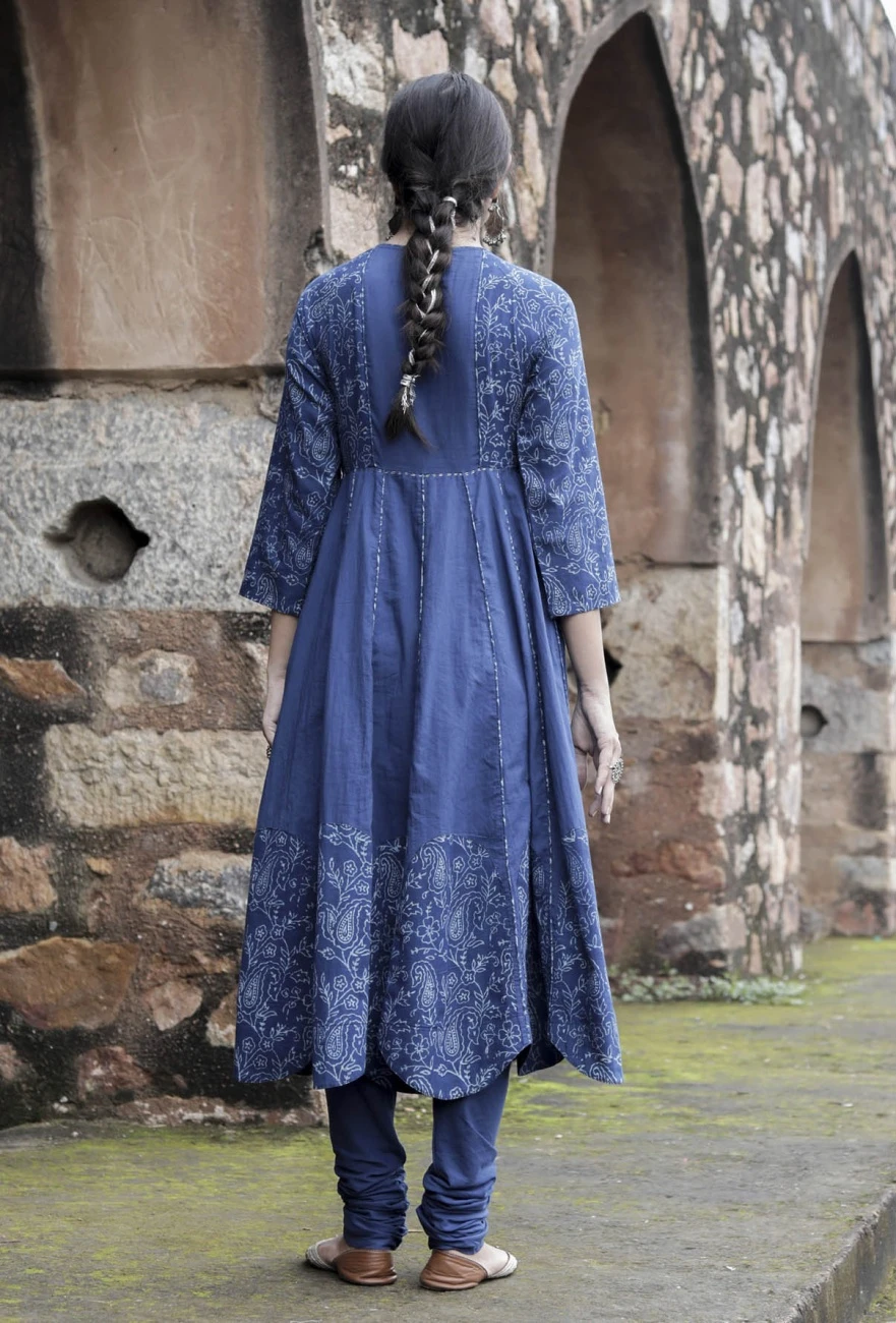 Set Of 3:Dalaja Indigo Cotton Kalidar Kurta Dress, Churidar & Organza Dupatta 5 Set Of 3:Dalaja Indigo Cotton Kalidar Kurta Dress, Churidar & Organza Dupatta - Image 3