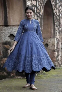 Set Of 2:Churni Indigo Cotton Kalidar Kurta Dress & Churidar