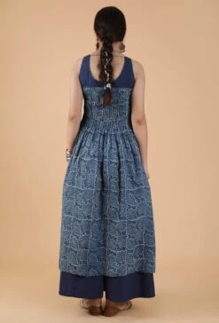 Set Of 2:Bhakti Indigo Jaal Print Pleated Kurta Dress & Palazzo Pants -ZAZU Clothing Shop tjmk28264b