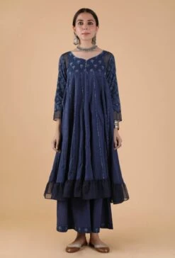 Set Of 2:Iniya Indigo Buti & Jaal Printed Anarkali Dress & Kalidar Palazzo Pants