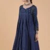 Kaira Indigo Buti & Jaal Printed Anarkali Dress With Organza Detailing -ZAZU Clothing Shop tjmk282691