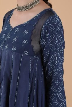 Kaira Indigo Buti & Jaal Printed Anarkali Dress With Organza Detailing -ZAZU Clothing Shop tjmk282694