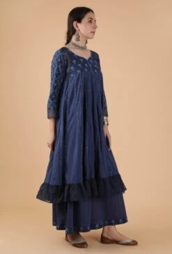 Kaira Indigo Buti & Jaal Printed Anarkali Dress With Organza Detailing -ZAZU Clothing Shop tjmk28269b