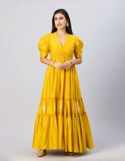 Mustard Gold Bohemian Gown Dress With Stylized Sleeves