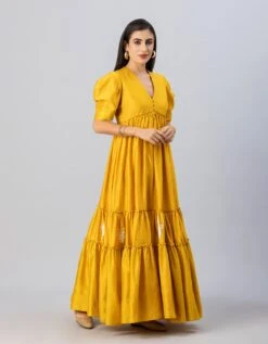 Mustard Gold Bohemian Gown Dress With Stylized Sleeves -ZAZU Clothing Shop tmrbr0043
