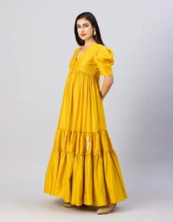 Mustard Gold Bohemian Gown Dress With Stylized Sleeves -ZAZU Clothing Shop tmrbr0045