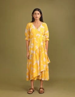 Scarlet Daisy Yellow Printed Mulmul Dress