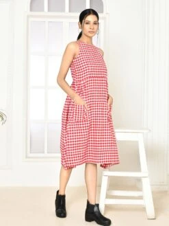 Emera Red Handloom Cotton Dress -ZAZU Clothing Shop uvbliss00132