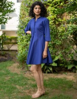 Purple Cotton Poplin Fit And Flare Short Button Down Shirt Dress -ZAZU Clothing Shop wdrs4764