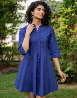 Purple Cotton Poplin Fit And Flare Short Button Down Shirt Dress -ZAZU Clothing Shop wdrs476b