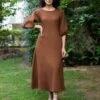 Brown Warm Cotton Waffle Fit And Flare Balloon Sleeves Maxi Dress -ZAZU Clothing Shop wdrs4911