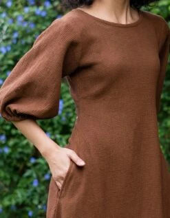 Brown Warm Cotton Waffle Fit And Flare Balloon Sleeves Maxi Dress -ZAZU Clothing Shop wdrs4913