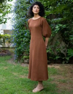 Brown Warm Cotton Waffle Fit And Flare Balloon Sleeves Maxi Dress -ZAZU Clothing Shop wdrs4914