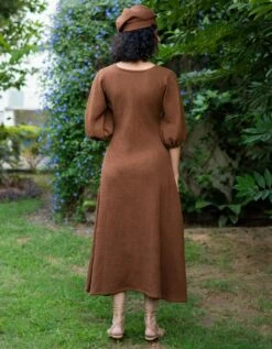 Brown Warm Cotton Waffle Fit And Flare Balloon Sleeves Maxi Dress -ZAZU Clothing Shop wdrs491b