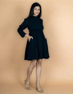 Black Crinkled Cotton Flax Short Dress -ZAZU Clothing Shop wdrs4962