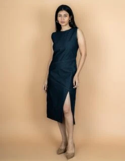 Indigo Cotton Denim A Line Midi Slit Dress