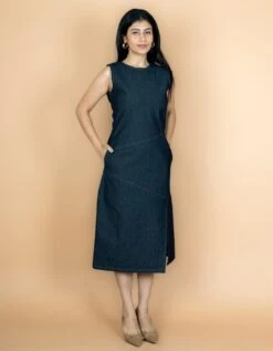 Indigo Cotton Denim A Line Midi Slit Dress -ZAZU Clothing Shop wdrs5023