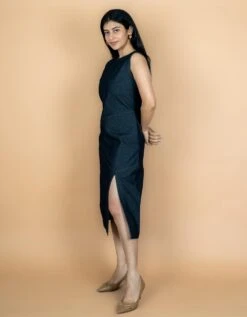 Indigo Cotton Denim A Line Midi Slit Dress -ZAZU Clothing Shop wdrs5024