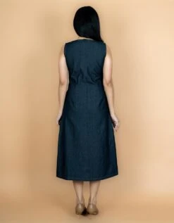 Indigo Cotton Denim A Line Midi Slit Dress -ZAZU Clothing Shop wdrs502b